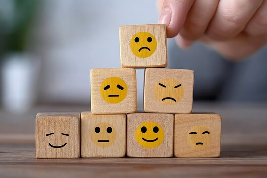 Hand placing a sad-faced wooden block atop a pyramid of wooden blocks with various emoticon faces showing happy, neutral, angry and sad expressions conveying mixed emotions
