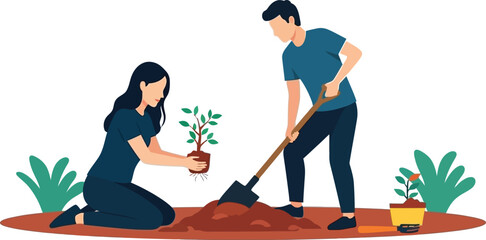 Couple planting a new tree together in the garden, symbolizing growth, sustainability and a shared commitment to a greener future