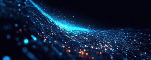 Glowing blue digital mesh wave with interconnecting lines and scattered orange data points on a dark background, evoking futuristic dynamic connectivity
