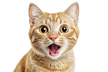 Obraz premium A surprised orange tabby cat with wide eyes and an open mouth. its playful and curious nature against a plain white background. ideal for pet-related content or marketing