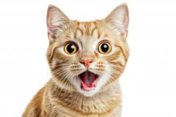 A surprised orange tabby cat with wide eyes and an open mouth. its playful and curious nature against a plain white background. ideal for pet-related content or marketing