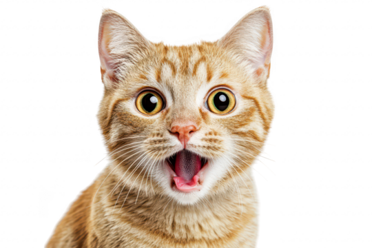 A surprised orange tabby cat with wide eyes and an open mouth. its playful and curious nature against a plain white background. ideal for pet-related content or marketing