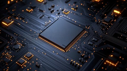 close-up of a dark circuit board with a central microchip and glowing orange indicator lights, sleek high-tech futuristic mood