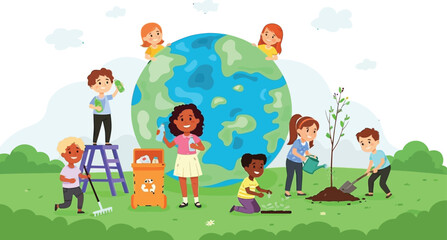 Kids care about Earth, planting trees, recycling and cleaning up for a healthier planet, raising awareness for environmental protection and sustainability