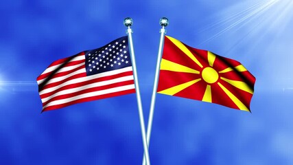USA and Macedonia Flag Waving On Pole Loop