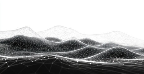 monochrome wireframe landscape of undulating mesh hills with glowing nodes, conveying a serene futuristic digital atmosphere
