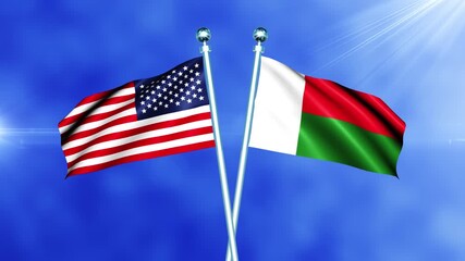 USA and Madagascar Flag Waving On Pole Loop