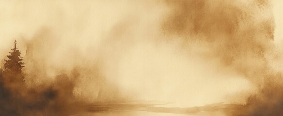 solitary evergreen silhouette beside a misty sepia shore with soft fog and calm reflective water evoking quiet solitude and warm melancholy