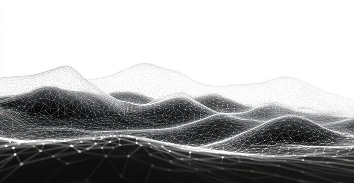 monochrome wireframe landscape of undulating mesh hills with glowing nodes, conveying a serene futuristic digital atmosphere