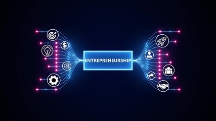 Futuristic business animation depicting entrepreneurship. Optimization of business and production processes. Virtual network connecting service with graphical icons in various. - Powered by Adobe