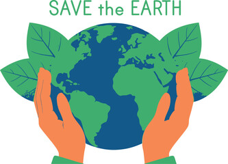 Protect our planet and embrace sustainability with hands holding the Earth, surrounded by leaves and a message of global conservation and environmental care