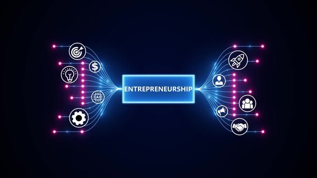 Futuristic business animation depicting entrepreneurship. Optimization of business and production processes. Virtual network connecting service with graphical icons in various. - Powered by Adobe
