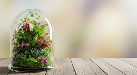 Miniature garden ecosystem flourishes under clear glass bell jar resting on wooden surface