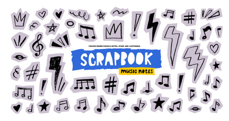 Scrapbook collage doodle scribble music notes. Doodle punk crayon drawn collage elements.