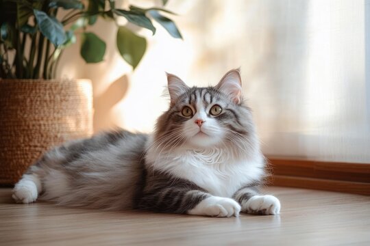 Fluffy long-haired gray and white cat lying on wooden floor by sunlit window with potted plant, calm and curious expression