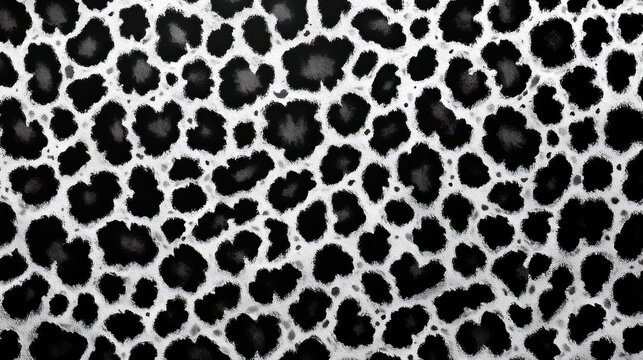 Monochrome high-contrast spotted pattern of irregular black ink-like splotches on a white textured background, bold and dynamic