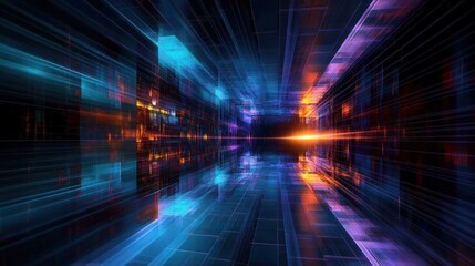 futuristic neon corridor of glowing blue and orange grid panels receding to a bright vanishing point with reflective floor and streaking light trails, evoking speed and immersive energy