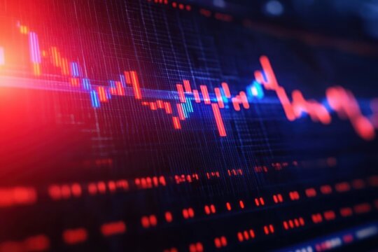 glowing red and blue financial chart on a dark digital display showing fluctuating candlestick and line data, conveying volatility and urgent tension
