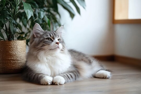 Fluffy gray and white long-haired cat lying on a wooden floor beside a potted plant, calm and content as it gazes upward in soft natural light