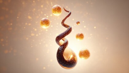 glossy dark teardrop with a twisted spiral ribbon rising among glowing golden spheres and floating spark particles in a warm ethereal glow