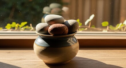 Smooth, rounded stones rest within a ceramic container positioned on a sunlit wooden surface near a window.