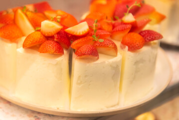 cake with with berries, strawberries and cherries. cake on a background. copy space