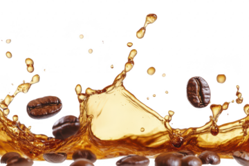 A dynamic splash of coffee with scattered coffee beans captured mid-motion against a white background. ideal for culinary or beverage-related content