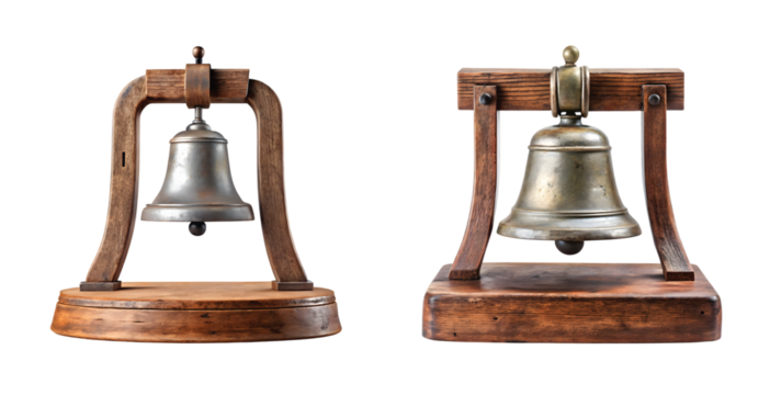 Rustic Farm Bell on Wooden Stand: Old rustic metal farm bell mounted on a small wooden stand, textured and authentic look, PNG cut out.