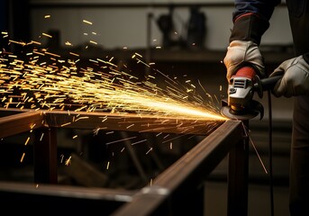 Worker Grinding Metal with Angle Grinder Tool Bright Sparks Flying Industrial Work