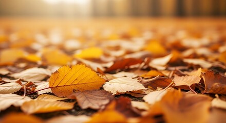 Warm golden autumn leaves scattered softly, gentle November breeze, cozy mood, soft bokeh background