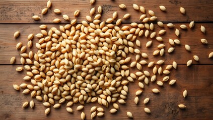 Obraz premium a top down view of wheat grains scattered on a wooden surface creating a natural and simple texture