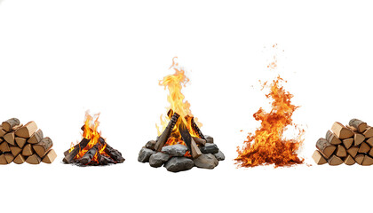 A series of campfires in various stages of burning with piles of wood on a white background studio shot