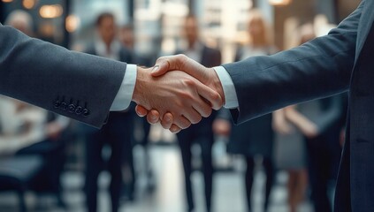 Two suited professionals shaking hands in a modern office with colleagues in the background conveying agreement, trust and confident partnership