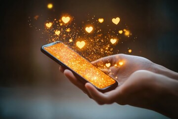Hand holding smartphone with golden glittering screen and floating heart-shaped lights, magical warm glow conveying love and wonder