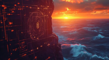 Solitary figure on a rocky cliff at sunset overlooking turbulent ocean waves, confronted by a glowing orange holographic interface projected onto the rock, contemplative and awestruck