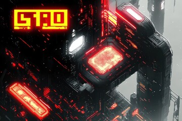 dark futuristic industrial tower with glowing red neon panels, metal pipes, platforms and signage in wet rain creating an ominous gritty cyberpunk atmosphere