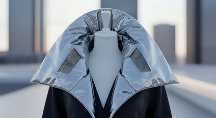 Futuristic fashion concept featuring a dramatic silver metallic collar with unique grid detailing, offering a modern and bold statement in apparel design