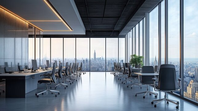 Spacious modern open-plan office with rows of empty ergonomic chairs and desks, floor-to-ceiling windows overlooking a distant city skyline, calm professional atmosphere - Powered by Adobe
