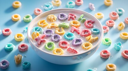 Ultra realistic colorful cereal pieces floating in a milk bowl arranged to spell a cheerful motivational phrase, bright breakfast scene with high detail textures --ar 16:9