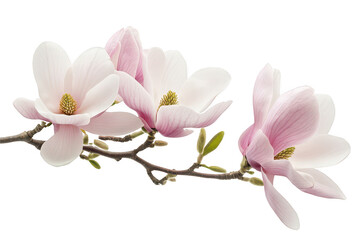 Obraz premium A close-up view of delicate pink magnolia flowers blooming on a slender branch against a white background. their intricate petals and colors. perfect for nature-themed decor or botanical studies