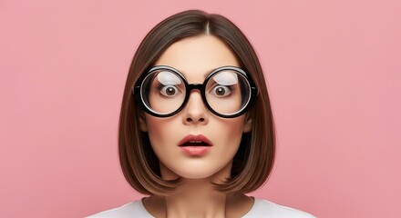 Surprised woman with big round glasses looking at the camera against a pink studio background shot