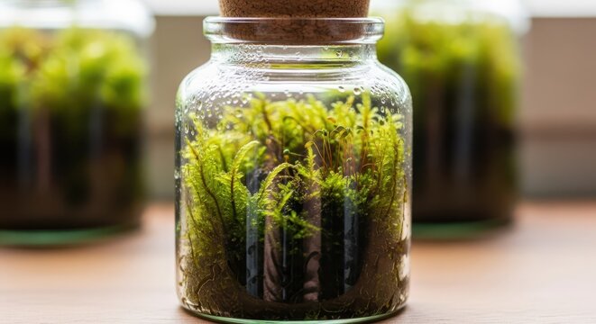 Miniature self-contained ecosystem thrives inside a small glass container sealed with a cork stopper