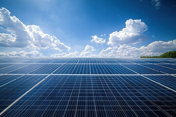 Expansive solar panel array under a bright blue sky with fluffy white clouds and distant green treetops, evoking optimism and clean sustainable energy