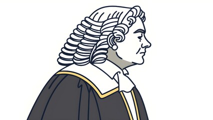 Profile of a dignified judge in traditional wig and robes, perfect for legal themes, courtroom dramas, and historical settings, conveying authority and justice
