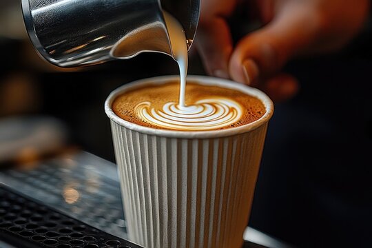 Hand pouring steamed milk from a metal pitcher into a ridged paper cup to create swirling latte art over espresso, warm cozy inviting coffee moment
