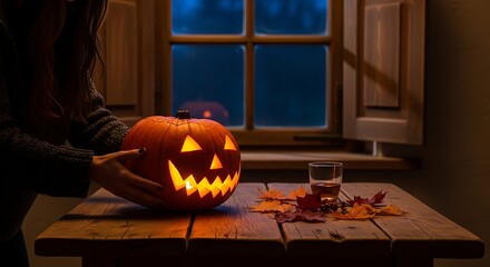 Woman places a glowing jacko'lantern on a rustic wooden table near a window at night for halloween