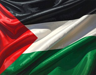 A close-up view of a flag with vibrant red, white, green, and black colors flowing in waves. It has a triangular section