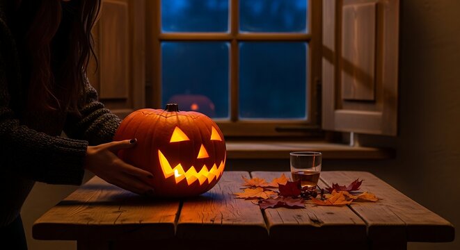 Woman places a glowing jacko'lantern on a rustic wooden table near a window at night for halloween