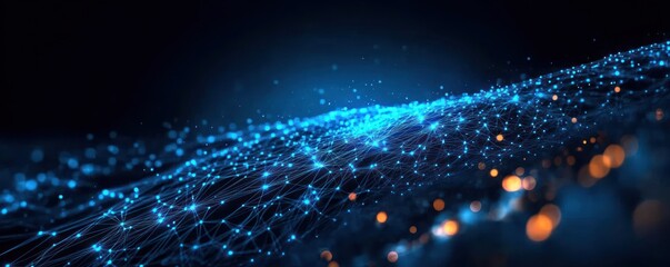 Glowing blue network of interconnected nodes and lines over a dark surface with scattered warm orange bokeh lights, evoking futuristic wonder and dynamic connectivity