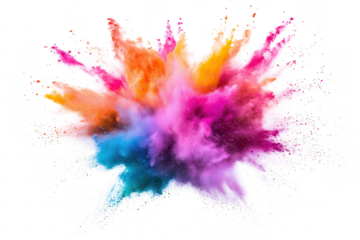 A explosion of colorful powder bursts against a white background. a dynamic mix of pink. orange. yellow. and blue hues. symbolizing creativity and celebration